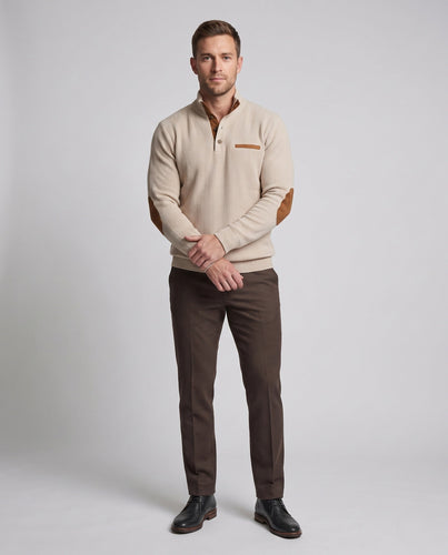 Herren Rippkragen Henley Pullover mit Kontrast-Einsätzen & Ellbogen-Patches Drune