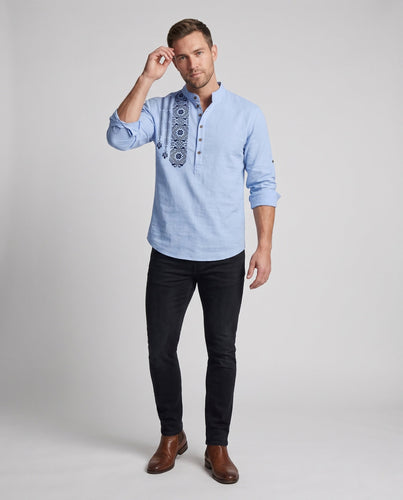 Herrenhemd mit Stehkragen, vertikalem ethnischem Druck und leichtem Leinen-Look Drune
