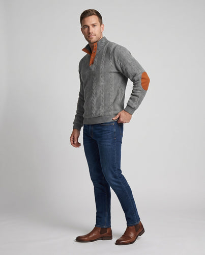 Herren-Kabelstrickpullover mit Halbcollar und Kunstlederbesatz Drune