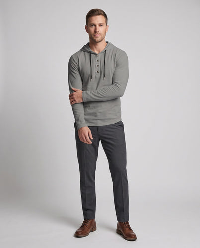 Herren Langarm-Hoodie mit Henley-Knopfleiste und Kordelzug