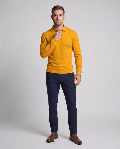 Herren Langarm-Polohemd mit Henley-Knopfleiste und feiner Waffeltextur
