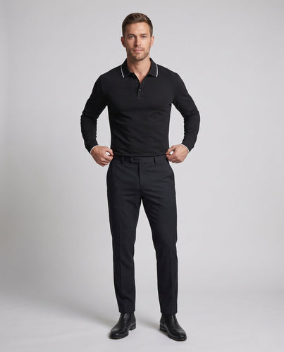 Herren Langarm-Polo-Shirt aus Stretch-Piqué mit slim fit und kontrastfarbener Paspel Drune