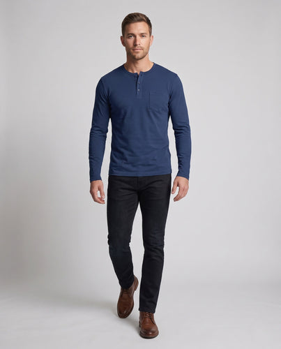 Herren Langarm-Henley-Shirt mit Brusttasche aus Baumwoll-Jersey