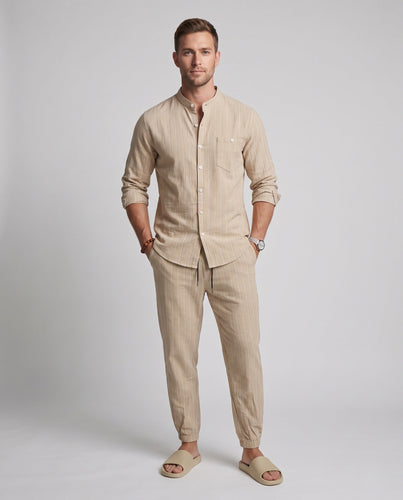 Herren Leichtes Leinen Lounge-Set mit Stehkragen und Kordelzugdrune