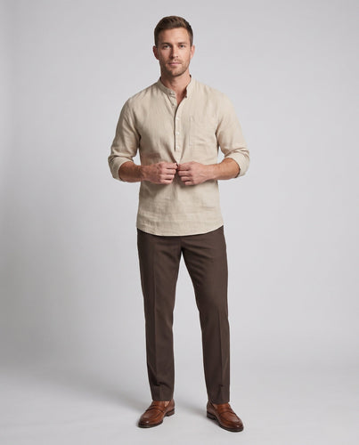 Herren Leichte Stehkragen Henley Shirt aus Leinenmischung mit Brusttasche Drune