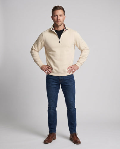 Männer Sport Sweatshirt mit halbem Reißverschluss, gestreiftem Stehkragen und gerippten Bündchen Drune