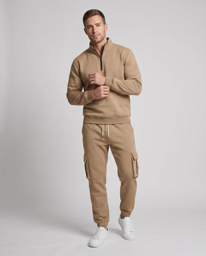 Männer Urban Cargo Lounge Set mit halbem Reißverschluss und Stehkragen, Utility Cargo Joggers und Kordelzug Drune