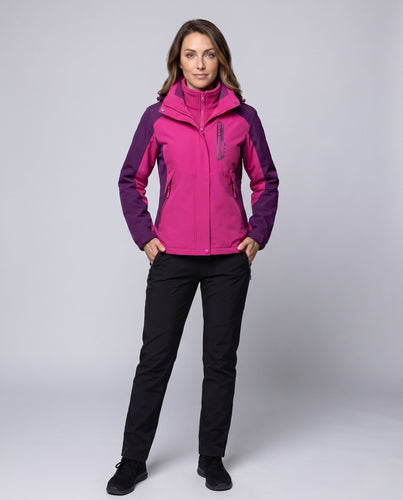 Damen multifunktionale Softshell Outdoorjacke Set mit Fleece-Innenjacke und funktionalen Hosen drune