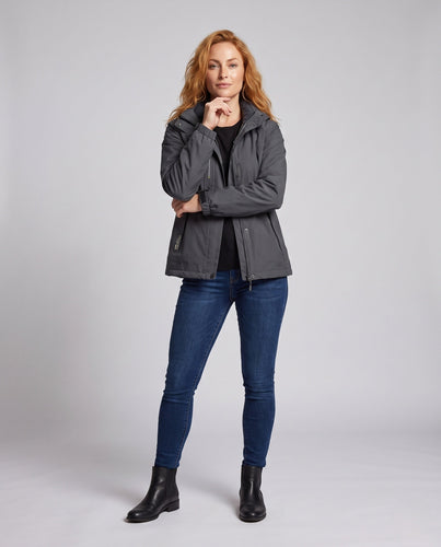 Damen wasserdichte, gepolsterte Winterjacke mit Kapuze und wärmendem Fleece-Futter drune