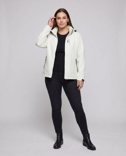 Damen zweilagige Softshelljacke mit abnehmbarer Fleece-Innenlage und verstellbarem Kapuze drune