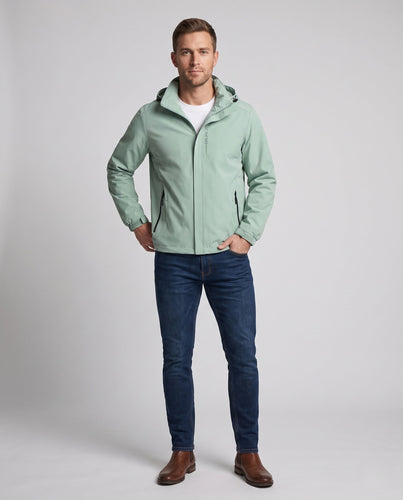 Herren Atmungsaktive Softshell Funktionsjacke mit Verstaubarem Kapuze und Klettverschluss-Manschetten drune