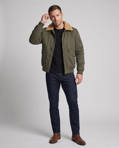 Herren Aviator Bomber aus strapazierfähigem Canvas mit Teddy-Futter und Utility-Tasche am Ärmel drune