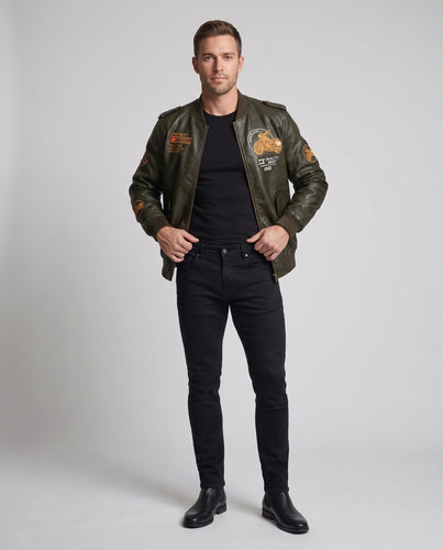Männer Biker-Style Faux-Leder Bomberjacke mit gefüttertem Thermoinnenfutter und Stickerei-Anwendungen drune