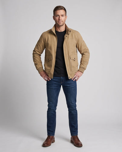 Herren Canvas-Blouson mit gerippten Bündchen, verdecktem Frontreißverschluss und Camouflage-Futter drune