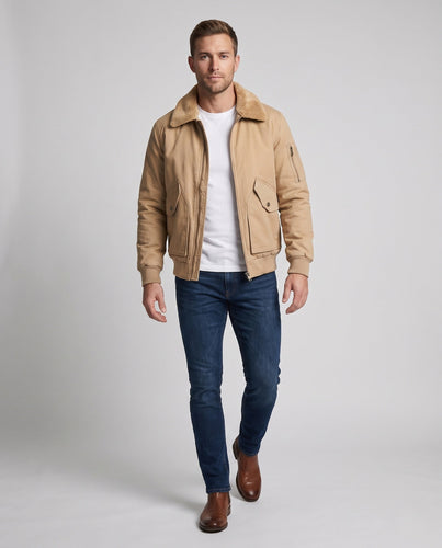 Herren Canvas Bomberjacke mit Teddykragen, Utility-Taschen an den Ärmeln und winddichter Außenschicht drune