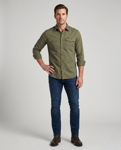Herren Canvas Utility Overshirt mit Brusttaschen und lässigem Hemdkragen drune