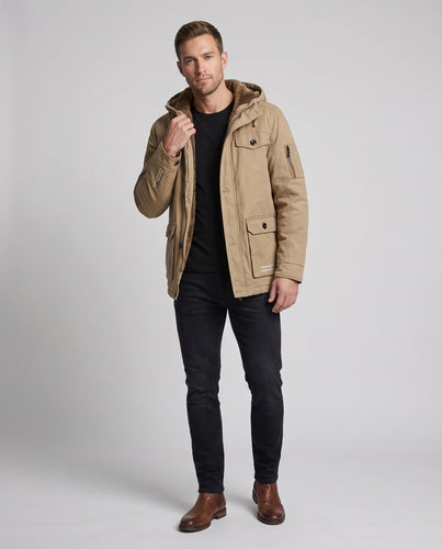 Herren Canvas Utility Parka mit wärmendem Teddy-Futter Saum, Kapuze und multifunktionalen Taschen drune