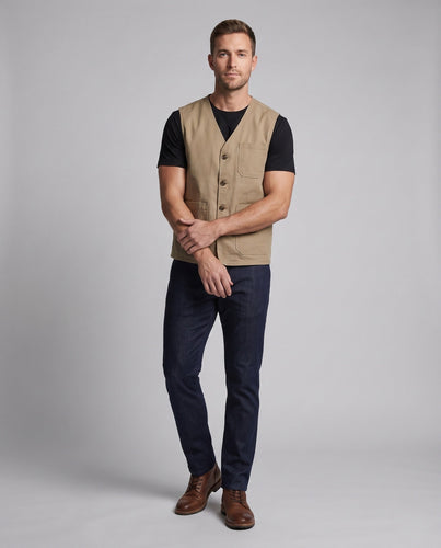 Herren-Canvas-Weste im Utility-Stil mit Knopfleiste und aufgesetzten Taschen drune