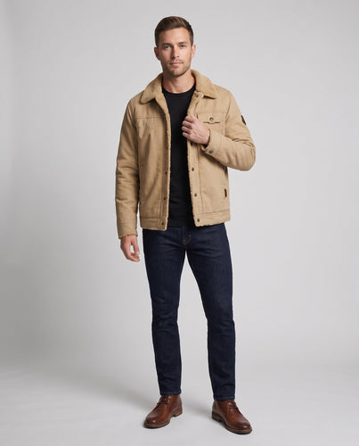 Herren-Canvas-Jacke mit durchgehendem Teddyfutter und Reverskragen drune