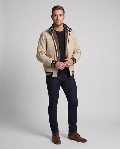 Herren Freizeit Field Blouson mit durchgehendem wärmendem Teddyfleece-Futter, Stehkragen und gestreiften Bündchen drune