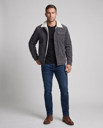 Herren-Kord-Arbeitsjacke mit vollständigem Sherpa-Futter, Hemdkragen und Seitentaschen drune