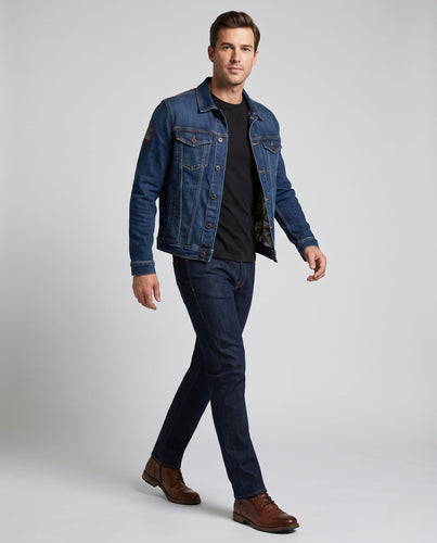 Herren Denimjacke im Trucker-Stil mit kontrastierenden Nähten und Brustklappen Taschen drune