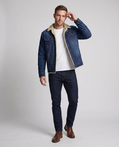 Herren Denim-Truckerjacke mit Teddy-Futter, klassischem Hemdkragen und Knopfleiste drune