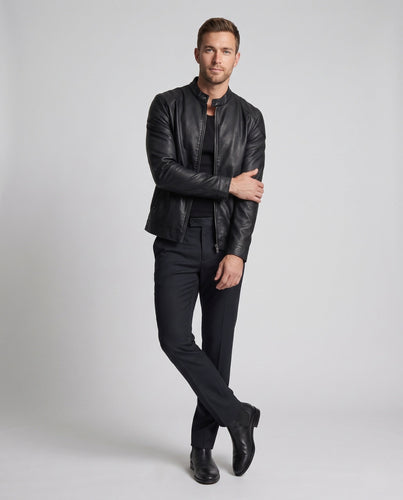Herren maßgeschneiderte Kunstlederjacke im Biker Blouson Stil mit Stehkragen und Reißverschluss drune