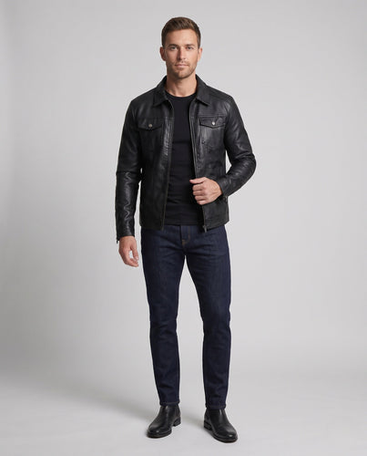 Herren Fitted Kunstlederjacke mit thermischem Futter und Brustklappen-Taschen drune