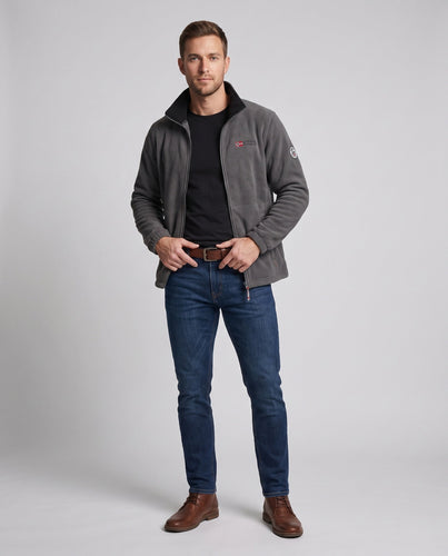 Herren Fleecejacke mit durchgehendem Teddyfutter, hohem Kragen und Reißverschlusstaschen drune
