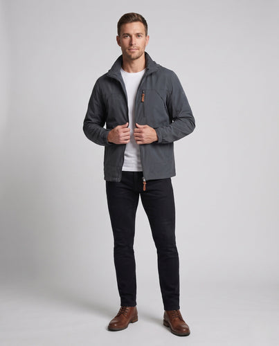 Herren Freizeit Softshell-Jacke mit einstellbarer Kapuze, Brustreißverschluss und Klettverschlüssen drune