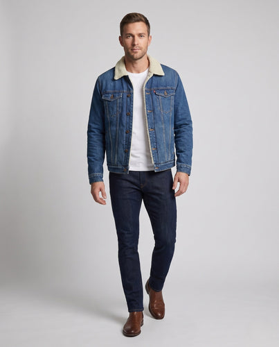 Herren gefütterte Denim-Jacke mit Sherpa-Futter und Hemdkragen drune