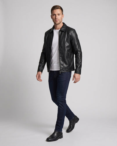 Herren Glattleder-Look Blouson mit voller Teddy-Fütterung und verdecktem Reißverschluss drune