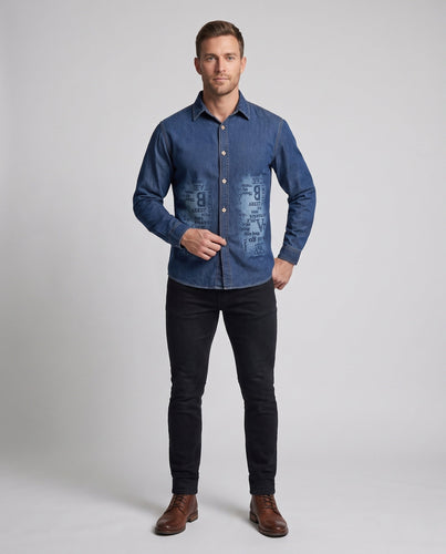 Herren-Denim-Hemd im Overshirt-Stil mit Allover-Druck und durchgehender Knopfleiste drune