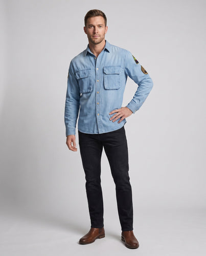 Männer Jeanshemdjacke mit doppelten Brustklappen und Ärmelpatches drune