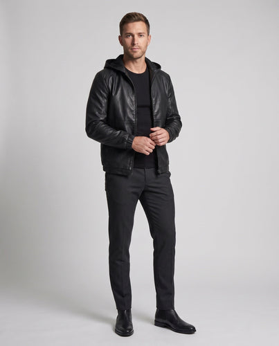 Herren Kapuzenblouson in Lederlook mit minimalem Reißverschluss und elastischen Bündchen drune