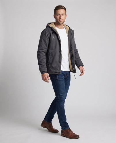 Herren Kapuzencanvasjacke mit vollständiger Teddy-Fütterung und verstellbarem Saum drune