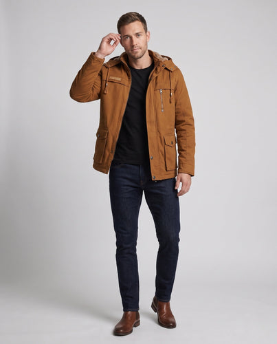 Herren Kapuzenfeldjacke mit Teddyfutter und Multifunktionstaschen drune