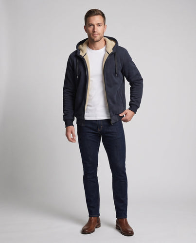 Herren Kapuzen-Fleecejacke mit Sherpa-Futter, Reißverschluss und gerippten Bündchen drune