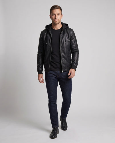 Herren Kapuzenjacke aus Kunstleder im Biker-Bomber-Stil mit integrierter Hoodie-Fütterung drune