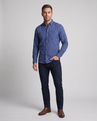 Herren kariertes Langarmshirt aus Baumwollmix mit Kent-Kragen drune
