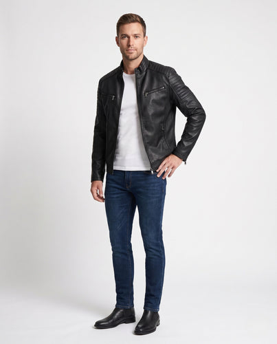 Herren Kunstleder Bikerjacke mit gesteppten Schultern und Stehkragen drune