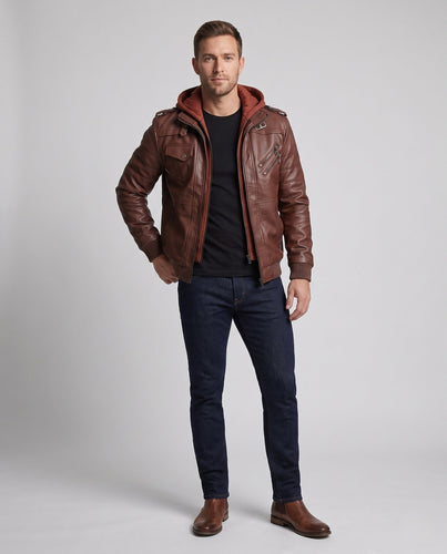 Herren Kunstleder Bomberjacke mit Camouflage-Muster und integrierter Hoodie-Innenlage drune