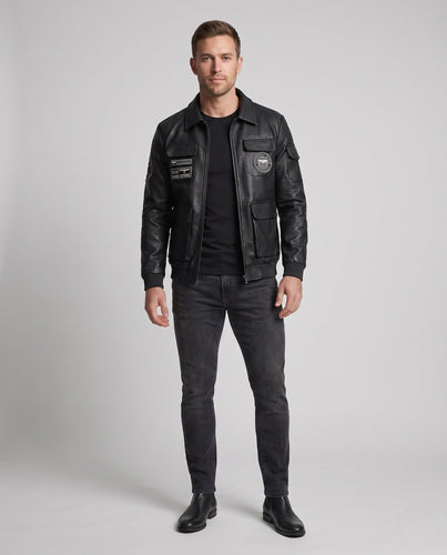 Herren-Faux-Leder-Feldjacke im Pilotstil mit Utility-Taschen und Patch-Details drune