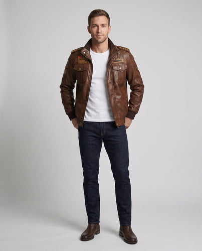 Herren Pilotjacke aus synthetischem Leder mit wärmendem Teddy-Futter und Schulterabzeichen drune