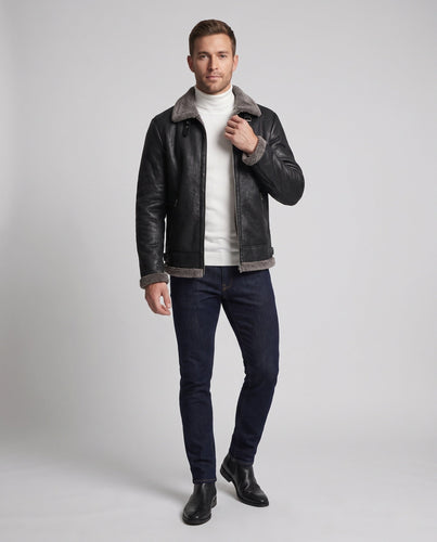 Herren Jacke aus synthetischem Leder mit vollem Teddy-Fleece-Futter und hohem Stehkragen drune