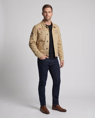 Herren Kurzschnitt Canvas Truckerjacke im Workwear-Look mit Hemdkragen, Klappentaschen und Ärmelpatch drune