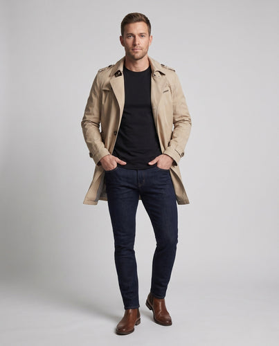 Herren Kurz-Trenchcoat im Feldstil mit Schulterklappen und kariertem Futter drune