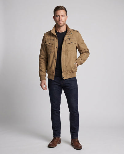 Herren Short-Cut Canvas Blouson mit Stehkragen und Multifunktions Taschen drune