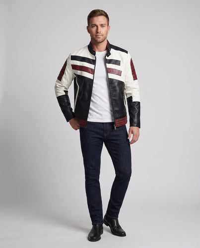 Männermotorradjacke aus Lederlook mit Farbblockdesign, gesteppter Ärmel- und Saumabschluss drune